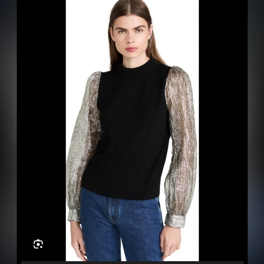 Tory Burch Crinkle Lamé Sleeve Mock Neck Sweater Black Size M